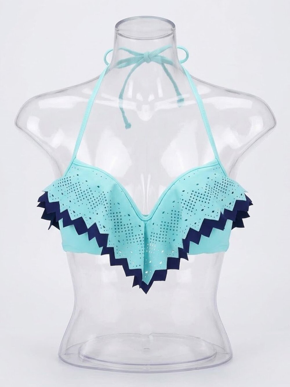PINK Victoria's Secret Bikini Top Medium Blue Teal Geometric Ruffle Y2K Vacation